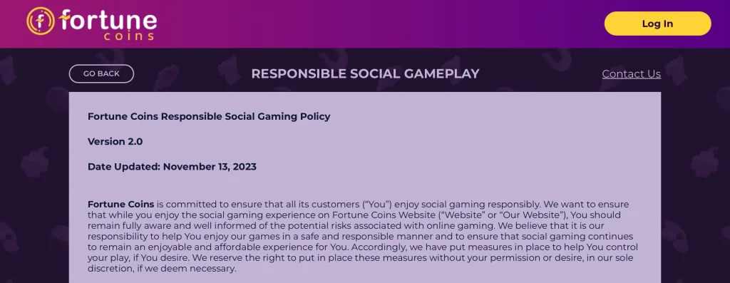 Fortune Coins Responsible Gaming